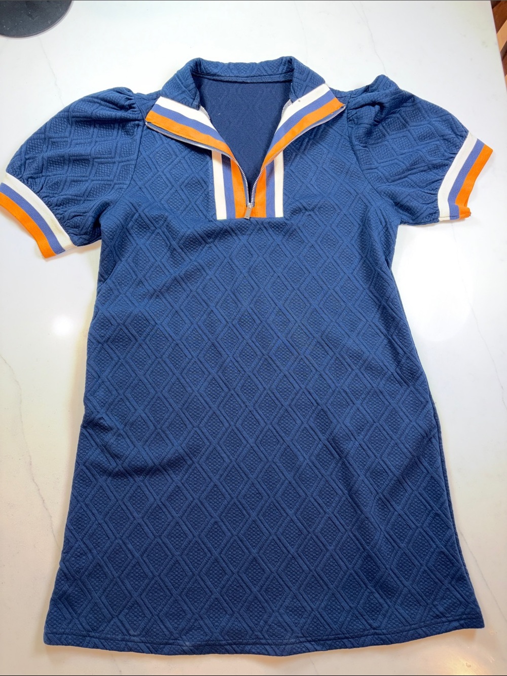 Navy Diamond-Textured Polo Dress with Contrast Stripes